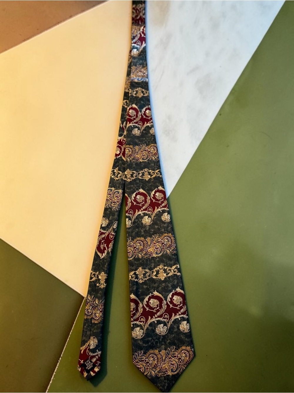 Vintage Mallory & Church 100% Silk Tie Baroque Scroll Gold